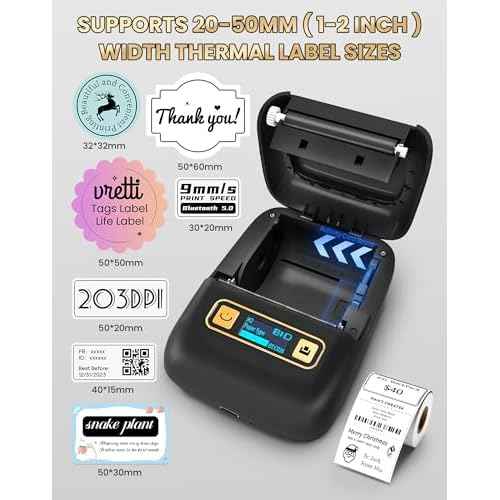 vretti Label Maker Machine with Tape, 2 Inch Labels Printer, K2 Bluetooth Label Makers, Thermal Labeler for Clothes Address Barcode Logo Waterproof, Easy to Use, Fits Office Home School Gift - Black
