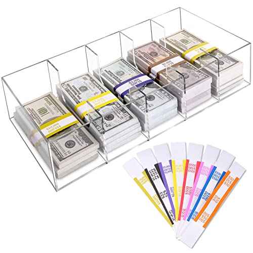 Clear Cash Tray With 300 Currency Wrappers, Acrylic Money Organizer Storage Change Box Case - 5 Compartments