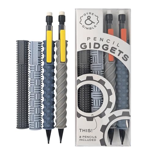 Gyre & Gimble Pencil Gidgets ? Textured Silicone Pencil Sleeve for Quiet Fidgeting ? Transform Your Mechanical Pencil into a Sensory ADHD Tool for Kids and Adults ? 4 Sleeves & 2 Pencils - Gray