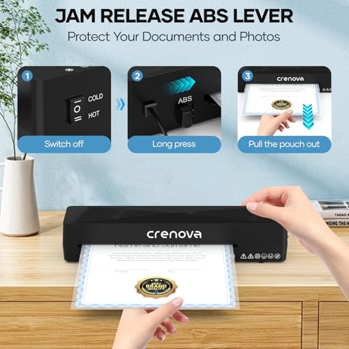 Crenova Black A4 Laminator Machine with 10 Laminating Sheets - Fast & Portable