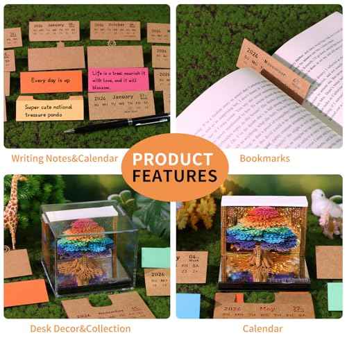 Timepiece Calendar 2026,DIY Paper Tear away Calendar,Unique Paper Sculpture Tree,Thanksgiving,Christmas,Housewarming,Office Desktop Decoration Notepad Gift (With Light)