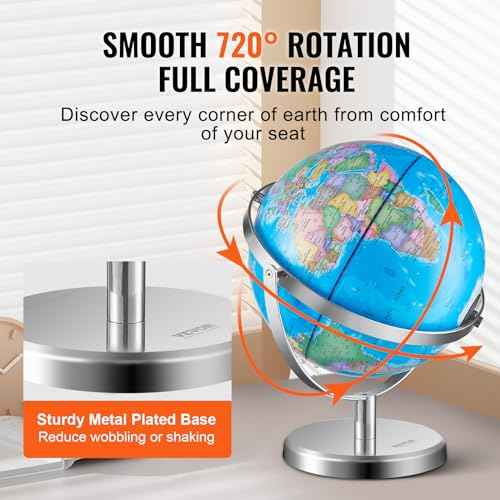 VEVOR Illuminated World Globe with Stand, 9 in/228.6 mm, Educational Earth Globe with Stable Heavy Metal Base and LED Constellation Night Light HD Printed Map, Spinning for Kids Classroom Learning