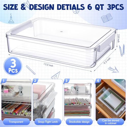 Leinuosen 3 Pcs 6 Qt Clear Plastic File Storage Boxes with Latches & Lids 9 x 13 Stackable Portable Project Case Storage Bins Certificate Organizer Container for A4 Paper School Supplies