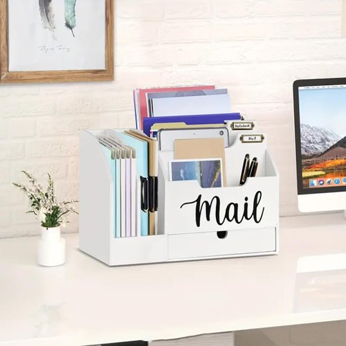 Niciksty Wood Desktop Mail Organizer, Fantasyon Mail Organizer Countertop with 6 Compartments and Drawer, Wood Desk Drawer Organizer for File Letter Paper Folder, White