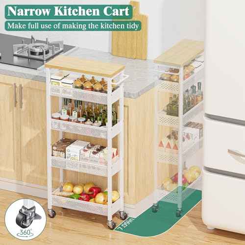 Giwil Slim Storage Cart 5 Tier Narrow Kitchen Rolling Cart on Wheels for Small Space, Metal Utility Cart Narrow Bathroom Storage Cabinet Mobile Shelf Unit Organizer with Wood Top and Handle, White