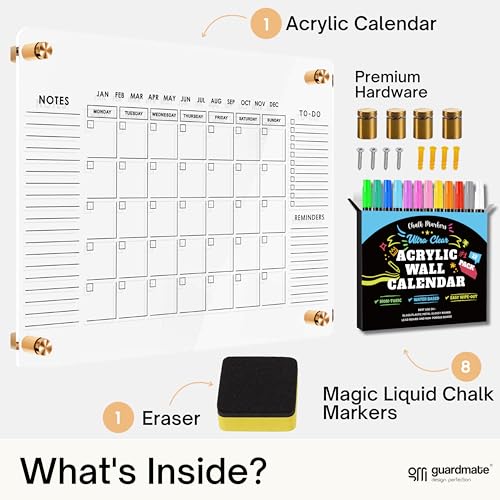 Large Oversize Crystal Clear Acrylic Wall Calendar Dry & Erase Board | 28" X 20" | Monthly Family Calendar Home Office Glass Calander Reusable Big Whiteboard | Free Pens & Eraser