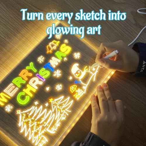 LED Note Board with Colors, Led Drawing Board, Light Up Acrylic Message Board,12" x 8" Light Up Clear Board, Acrylic Dry Erase Board with Light, Halloween and Christmas Gift, 7 Colors Pen