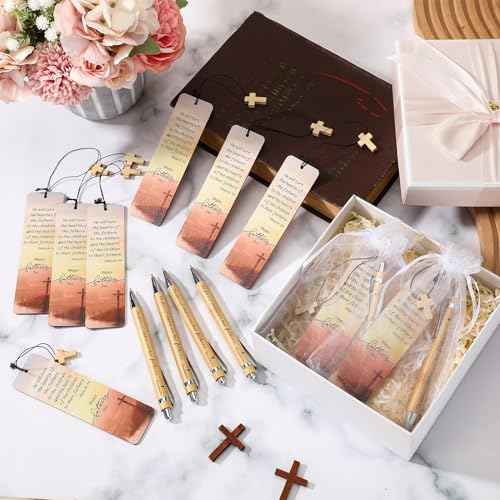 Spakon 75 Sets Father's Day Christian Gift with Bible Verse Bamboo Pen Religious Bookmarks Wooden Scripture Bookmarks with Organza Bags Christian Gifts for Dad Pastor Church Group Favor
