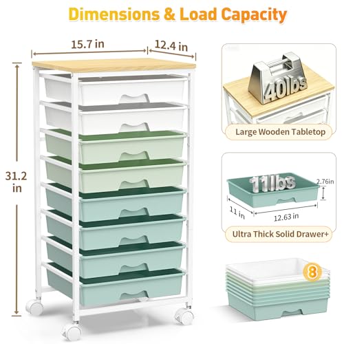 SUNALLY Green Rolling Cart with 8 Drawers, Heavy-Duty Storage Organizer