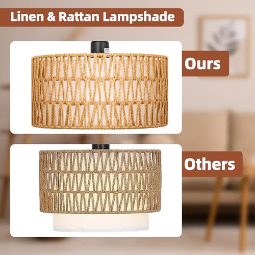 Rattan Floor Lamps for Living Room, Boho Standing Lamps with Rattan& Linen Double Shades, Arc Lamps Floor Standing with 9W Bulb, Foot Switch, Bohemian Floor Lamps for Bedroom, Office