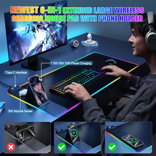 Wireless Charging RGB Mouse Pad with Foldable Phone Stand - 31.5x15.8 inch, No Adapter, Black