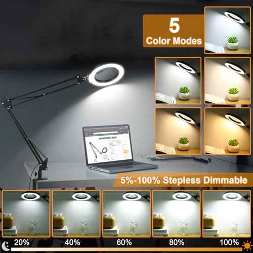 10X Large Magnifying Glass with Light and Stand, 2 x 16 Inch Adjustable Swivel Arm LED Desk Lamp with Clamp, 5 Color Modes Stepless Dimmable, Lighted Magnifier Hands Free for Close Work, Hobby