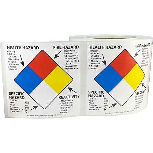 Right to Know Labels Health Fire Reactivity Specific Hazard 4 x 4 Inch Square 500 Adhesive Stickers