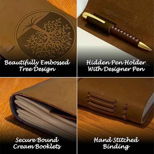 Leather Bound Journal for Men and Women, Handmade Gift Set with Tree of Life Embossed Journal and Stylish Pen, Vintage and Classic, Notebook, Sketchbook, Planner and Diary (300 Pages) (8x6")