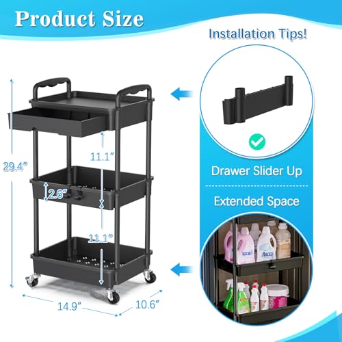 Black 3-Tier Rolling Storage Cart with Removable Drawers & Lockable Wheels