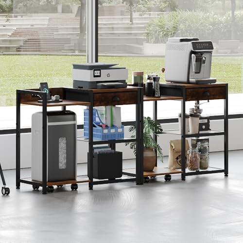 ZIWEI STAR Printer Stand with Storage Drawer,Printer Table with USB Port, 3 Tier Shelf, Base Stand with Wheels.Printer Cabinet for Home and Office.Brown