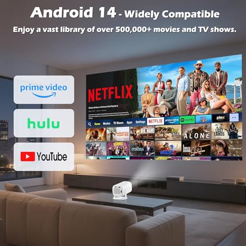 Mini Projector with Wifi and Bluetooth, Build-in Android 14, Portable Projector Outdoor&Ceiling Use, Auto Keystonet&270¡ÆRotatable, 200 Ansi, 4k Home Thearter Movie Projector for HDMI USB