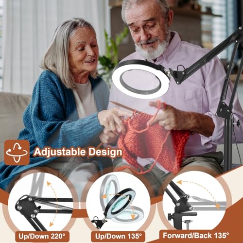 LANCOSC 10X Magnifying Glass with Light and Stand, 3-in-1 Adjustable Swing Floor Lamp, 5 Color Modes Stepless Dimmable, LED Lighted Hands Free Magnifier & Clamp for Reading, Crafts, Painting, Esthetic