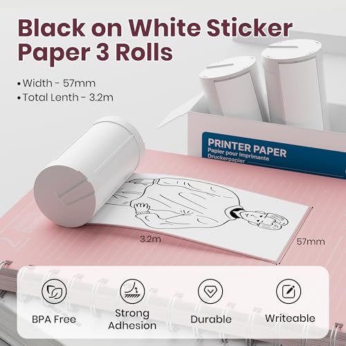 Genuine Self-Adhesive Thermal Printer Stickers, Compatible with PM290C Mini Sticker Printer, Black on White, 54mmx3.2m Sticker Paper for Journal, Study, Photos, Note, 3 Rolls, White
