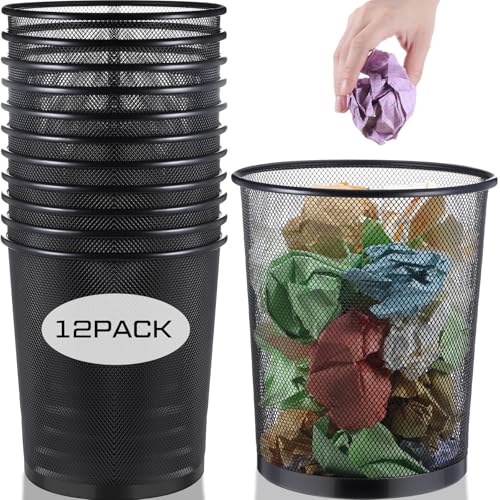 Hushee 12 Pcs Metal Mesh Trash Can Wire Waste Paper Basket Trash Bin Garbage Can for Office Under Desk, Kitchen, Bedroom, Den, Dorm Room, Toilet(Black,12 Pcs)