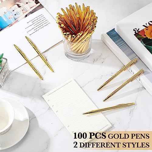 Fuutreo 100 Pack Wedding Gold Pens Bulk Gold Metal Pens Slim Ballpoint Retractable Ballpoint with Black Ink Mini Conical for Wedding Favors Guests, Office Business Teachers,1.0 mm