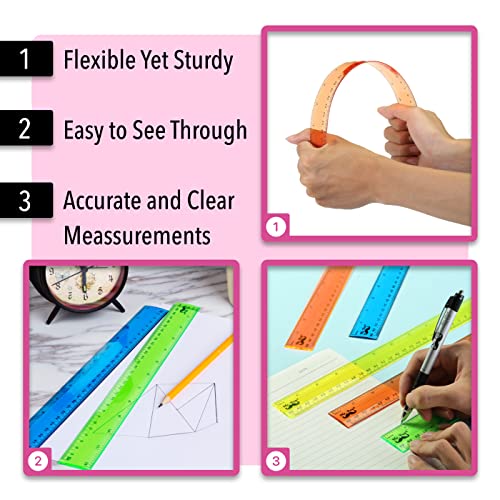 12 Inch Plastic Rulers Pack of 6 Assorted Colors - Office & Craft Measuring Tools