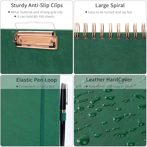 Ospelelf Green Leather Clipboard Folio with Notepad, 5 File Folders & 39 Labels