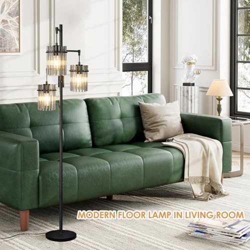 Industrial Floor Lamps for Living Room, Dimmable Floor Lamp Modern Standing Lamps with Glass Lampshade, Rotary Switch, LED Bulbs, Tall Lamps for Bedroom, Office (3 Lampshades(66inch))