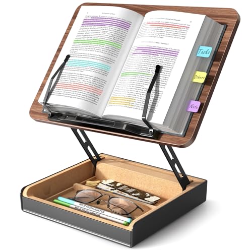 Book Stand with Storage, Book Holder for Reading Hands Free, Wooden Cookbook Stand for Kitchen Counter, Adjustable Reading Stand for Desk, Recipe Stand, Book Prop for Book Lovers