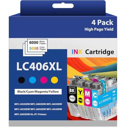 LC406XL Ink Cartridges High Capacity Replacement for LC 406XL LC406 for MFC-J4335DW, MFC-J6555DW, MFC-J4345DW, MFC-J5855DW, MFC-J4535DW,MFC-J6955DW Printer (Black, Cyan, Magenta, Yellow, 4 Pack)