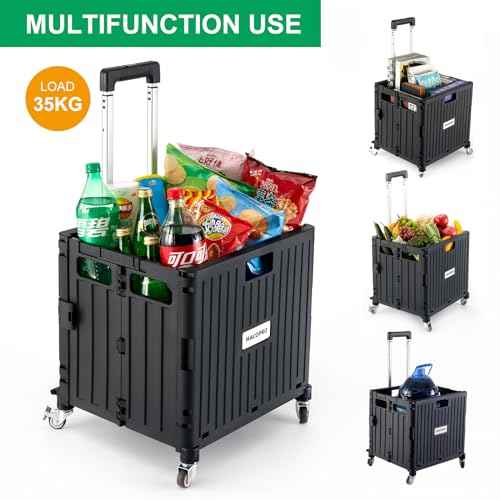 Folding Utility Cart Portable Rolling Crate Handcart Shopping Trolley Collapsible Tool Box, with Lid, Basket on 4 Rotate Wheels, for Grocery, Office, Luggage, Teacher (Black)