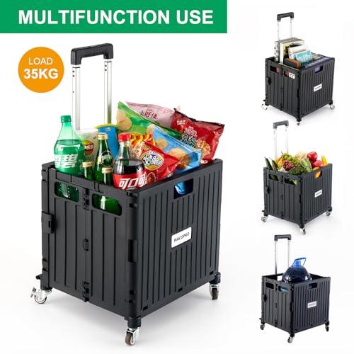 Black Folding Utility Cart with Lid – Portable Rolling Handcart for Grocery, Office, Travel