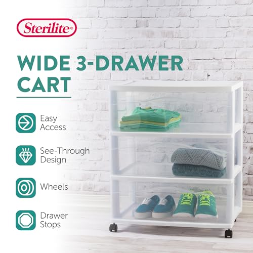 Sterilite Wide 3 Drawer Rolling Storage Cart - White, Plastic Organizer, 15.4x21.9x24.5 in