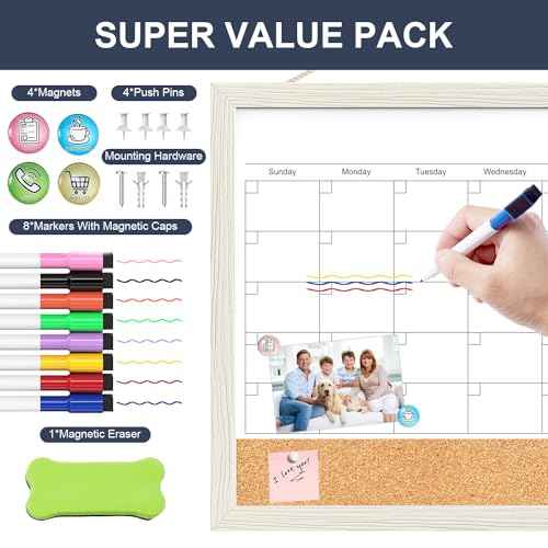 Calendar Whiteboard for Wall, 18x24 Inches Whiteboard Calendar Cork Board Combo, Magnetic Monthly White Board with Wood Framed, Hanging Dry Erase Board for Kitchen Home Office School Planner