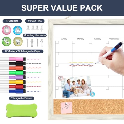 Tankee 17x13 Wall Dry Erase Calendar with Corkboard - White/Wood Frame