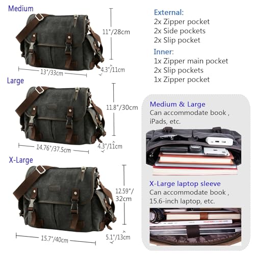 [Upgraded] Vintage Canvas Messenger Bag 13 15.6 17 inches Large Book Laptop Shoulder Bag Women Men New (Black, Large)