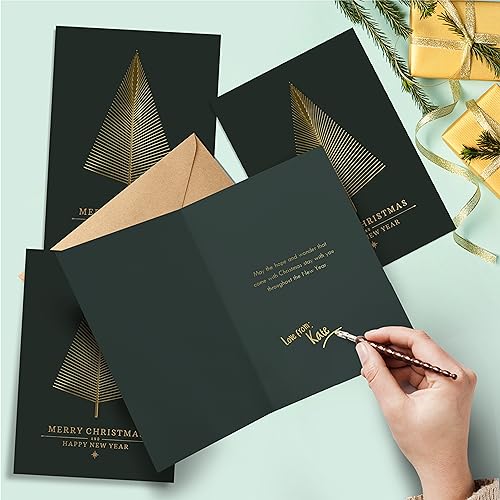 easykart labels 60 Gold Foil Christmas Greeting Cards with Envelopes | Dark Green Col & Embossing on Christmas Tree | 5.75 x 4.25 Inch Merry Christmas Cards with Seal Stickers For Friends , Family and loved Ones