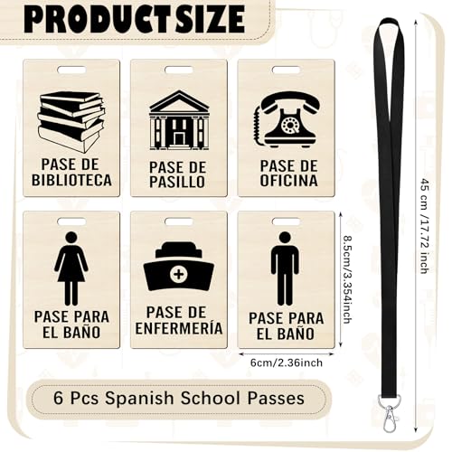 Humyoun Classic 6-Piece Spanish Hall Pass Set with Wooden Passes & Lanyards