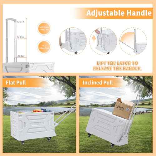 VECELO Foldable Shopping Cart with Wheels, Collapsible Rolling Crate for Groceries, Folding Storage Box with Handle, Three Modes of Use, Ideal for Teacher, Trip, Outdoors, Etc., 16GAL, White