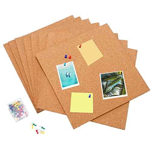 SUNGIFT Cork Board 12"x12" -12 Pack Bulletin Boards 1/4" Thick Square Decorative Cork Tiles with 100 PCS Push Pins Double-Sided Adhesive Corkboards Tiles for Wall Office