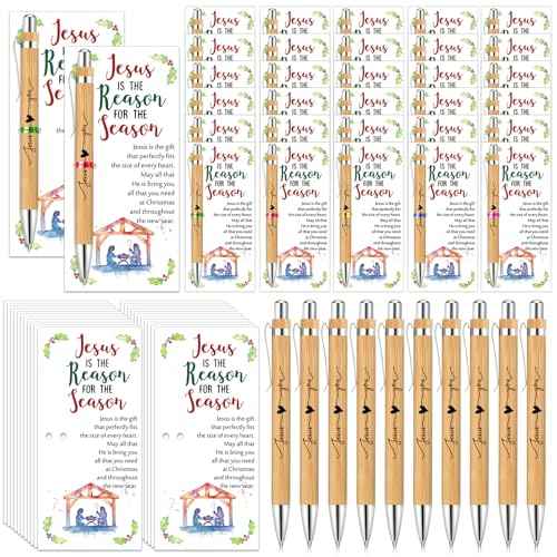 60 Sets Christmas Christian Gifts Jesus Loves You Bamboo Christian Pens Retractable Bible Verse Pens Bulk with Religious Christmas Cards Church Gifts for School Women Men