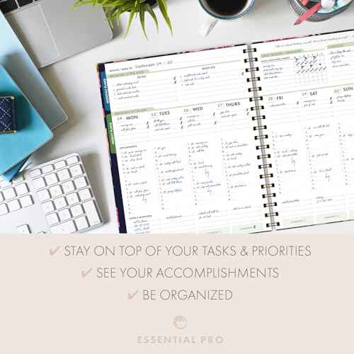 DELUXE ESSENTIAL PRO Undated Daily, Weekly & Monthly Planner,Monthly Tabs,Daily Tracking,Notes Pages,Storage Pocket,Bookmark w Sticky Notes (Small Navy Floral)