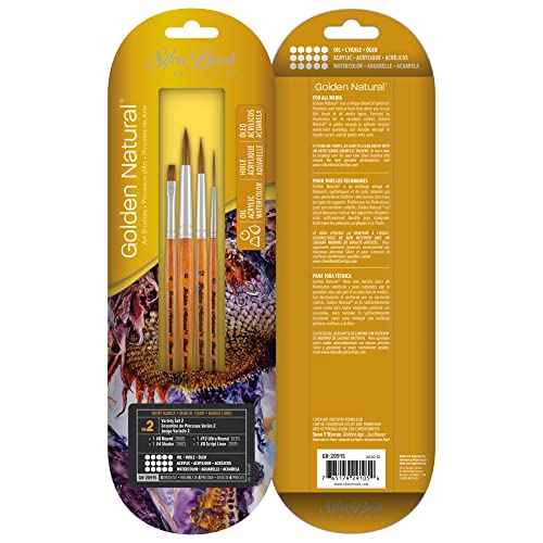 Silver Brush Limited GN-2091S Golden Natural Variety Set, Paintbrushes for Oil, Acrylic, Watercolor, Gouache, Inks, & Dyes, Set of 4, Round, Ultra Round, Shader, and Script Liner Brushes, Short Handle