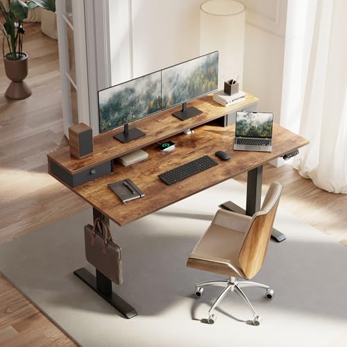 Klicelor Rustic Brown 48x23 Inch Electric Standing Desk with Drawers - Adjustable Sit-Stand Home Office Workstation