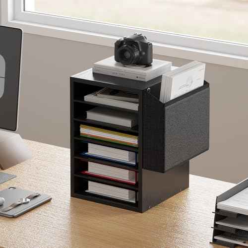 Literature Organization Paper Storage Slot, Office Desk File Organizer, Desktop Wood Mailbox For Teacher Classroom, 6 Tier Adjustable Countertop Mail Sorter, Mailboxes With Name Slots, Black