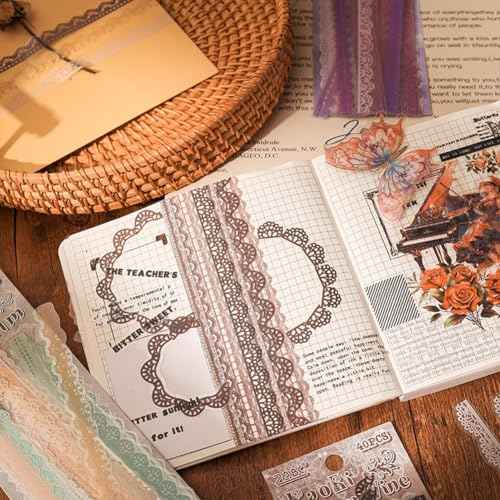 40 Pcs Transparent Lace PET Stickers for Scrapbooking Junk Journal Card Making Collage Diary Planner Notebook Letter Photo Album Craft Project Decoration, 5 Patterns (Brown)