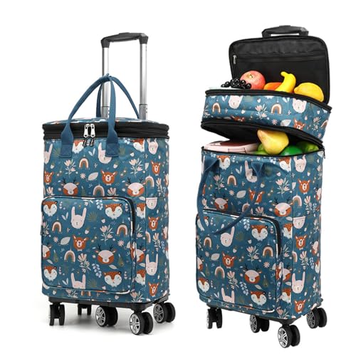 2 in 1 Shopping Cart with Wheels, Portable Utility Dolly, Luggage Cart, Foldable Hand Truck with Built-in Removable Waterproof Bag for Shopping, Camping, Travel (Animal World)