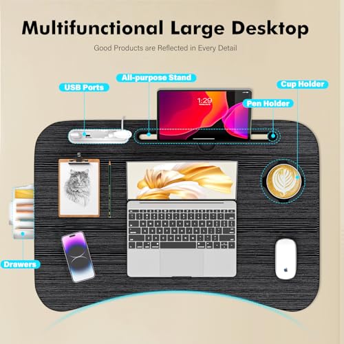 Adjustable Bed Lap Desk with Storage Drawer & Cup Holder - Portable Laptop Stand for Bed & Sofa