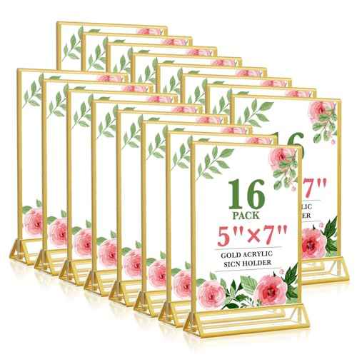 Gold Acrylic Sign Holder 5x7, 16 Pack Wedding Gold Frame Table Number Holders Vertical, Clear Picture Frames Flyer Stands Tables Menu Holder, Double Photo Paper Display Holder for Party, Home, Office