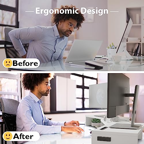 BONTEC White Dual Monitor Stand Riser, Adjustable 42.5 In Length, Swivel & Storage